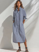 Women's Retro Casual Striped Long-Sleeved Midi Dress ZMZ0132G3ZJY