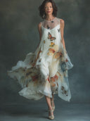 Women's Organza Butterfly-Print Round-Neck Sleeveless Midi Dress ZMZ2836D0XT
