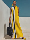 Women's Casual Vacation-Style Cotton-Linen Blend — Contrast Print, Round Neck, Sleeveless Maxi Dress ZMZ0734E5ZYY