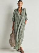 Women's Retro Casual Plaid Print Cotton Linen Shirt Long Sleeve Midi Dress ZMZ2304E8ZJY
