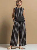 Women's Casual Retro Striped Color-Block Cotton-Linen Sleeveless Crew-Neck T-Shirt And Wide-Leg Pants Set ZMZ2656F6ZYY