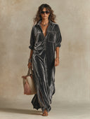 Women's French-style Solid Color Lapel Velvet Maxi Dress ZMZ2846H3XT