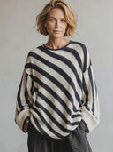 Women's American Retro Casual Style Loose-Fit Black And White Striped Crew-Neck Sweater ZMZ0690H8ZYY