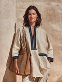 Women's Color-blocked Zip-up Collar Loose Linen Blend Shirt ZMZ0819I3XT