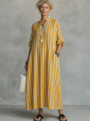 Women's Casual Vintage Vertical Stripes, Mandarin Collar, And Lantern Sleeves Cotton-Linen Maxi Dress ZMZ2529F8ZYY