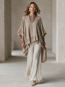 Women's Premium Khaki Ruffled Top And Raw-Hem Straight-Leg Trousers Set ZMZ2560H6SWL