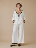 Women's Vintage-Style Casual Cotton-Linen Set: V-Neck Long-Sleeve Shirt And Elastic-Waist Wide-Leg Pants ZMZ1492H1ZYY