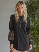 Women's Retro Casual Leopard Print Patchwork Cotton Crew Neck Long Sleeve T-Shirt Mini Dress ZMZ1017H5ZJY