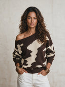 Women's Retro Elegant Off-Shoulder Cow Print Long-Sleeve Sweater ZMZ0295I2ZYY