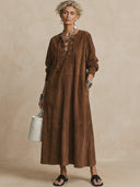 Women's Classic American Retro Lace-Up Neckline Faux Suede Loose Long-Sleeve Maxi Dress ZMZ3164G4ZYY
