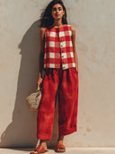 Women's Retro Casual Cotton Linen Plaid Sleeveless Top And Pants Set ZMZ1232F6ZJY