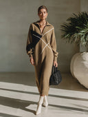 Women's Vintage-Style Elegant Casual V-Neck Zip-Front Long-Sleeve Knit Maxi Dress ZMZ2465I8ZYY