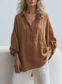 Women Premium Cotton Linen Oversized Blouse Drawstring Collar Lantern Sleeve Loose Vacation Tunic Top ZMZ0285G2YZH