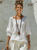 Women's Solid-Color Cotton Crew-Neck Long-Sleeve T-Shirt ZMZ0490F8XT