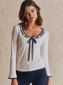 Women's Retro Casual Color Block Cotton Bow Round Neck Long Sleeve T-shirt ZMZ0752H3ZJY