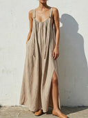 Women's Natural Minimal Style Linen-Blend Adjustable Strap Gathered Side Slit Maxi Dress ZMZ0546F5YZH