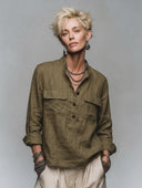Women's Vintage-Style Casual Cotton-Linen Stand Collar And Multiple Pockets Long-Sleeve Shirt ZMZ2939G3ZYY