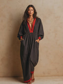 Women's Retro Casual Cotton Color Block Lapel Long Sleeve Maxi Dress ZMZ2983G2ZJY