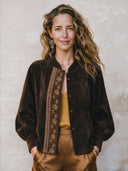 Women's Fashionable Dark Brown Velvet-Panelled Printed Faux Suede Button-Front Jacket ZMZ0364I6SWL