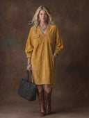 Women's Vintage Western-Style Faux Suede Embroidered V-Neck Lantern-Sleeve Loose Midi Dress ZMZ0607H7ZYY