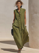 Women's Premium Minimalist Cotton-Linen — Stand Collar, Sleeveless, Loose Fit, Maxi Dress ZMZ2740E5ZYY