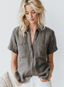 Women's Retro Casual Washed Linen Pocket Short-Sleeve Pullover Shirt ZMZ2974E5ZJY