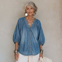 Women's Classic Casual V-Neck Lantern-Sleeve Tencel Denim Shirt ZMZ0585H3ZYY