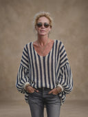 Women's Classic Casual Vertical-Stripe U-Neck Lantern-Sleeve Sweater ZMZ1005H7ZYY