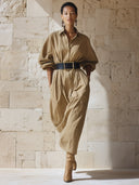 Women's Classic Khaki Cotton Long-Sleeve Midi Dress (Belt Included) ZMZ1239H7SWL