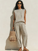 Women's Retro Casual Cotton Linen Striped Sleeveless Loose Top And Pants Set ZMZ1202F7ZJY