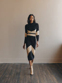 Women Color Block Ribbed Knit Midi Dress, Mock Neck Long Sleeve Bodycon Geometric Pattern Sweater Dress ZMZ1191H9YZH