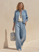 Women's Classic Light Blue Cotton-linen Jacket And Trousers Two-piece Set ZMZ1477H5SWL