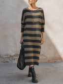 Women's Striped Knit Long Sleeve Loose Maxi Sweater Dress ZMZ2265G1SWL