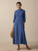 Women's Solid-Color Cotton Stand-Collar Maxi Dress ZMZ1397H4XT