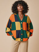 Women's Color-Block Checkerboard Loose-Fit Knit Cardigan ZMZ0426H6XT