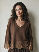 Women's Vintage-Style Elegant Long-Sleeve V-Neck Sweater With Lace Paneling At Cuffs And Hem ZMZ2661H4ZYY