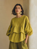 Women's Stylish Olive-Yellow Cotton-Linen Crew-Neck Top ZMZ2135G1SWL