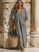 Women's Retro Casual Vacation Style Cotton Linen Striped Loose Short-Sleeve Maxi Dress ZMZ2081E2ZJY