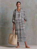 Women Poly Cotton Blend Printed Striped Midi Dress Hood Half Zip Long Sleeve Side Pocket Loose Casual Tunic ZMZ2209G5YZH