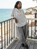 Women's Retro Casual Striped Duffle Neck Long Sleeve Top And Pants Cotton Linen Set ZMZ2235G7ZJY