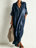 Women's Retro Casual Plaid Print Cotton Linen Shirt Long Sleeve Midi Dress ZMZ2304E8ZJY